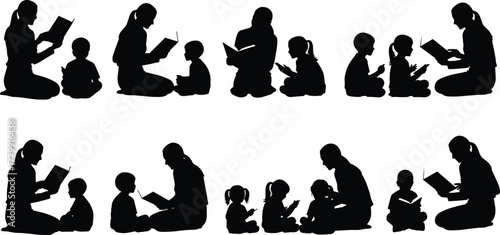 PrintSilhouette, adult reading, child listening, storytelling, education, parenting, bonding, literacy, learning, book, family, care, teaching, black, isolated, graphic, preschool, school, nurturing, 