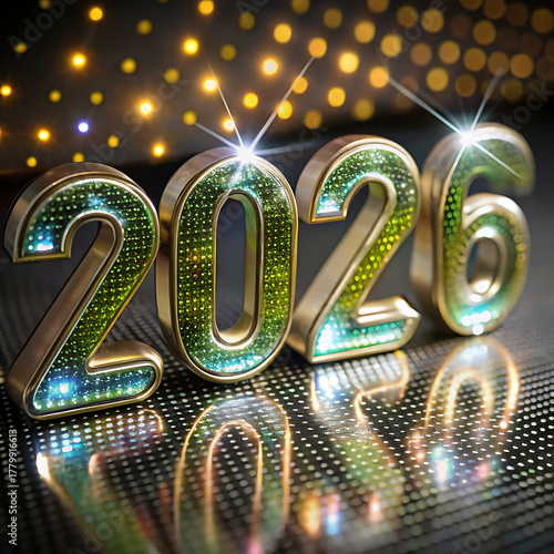 Sparkling 2026 New Year Numbers with Golden Frame on Shiny Background