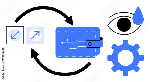 Blue digital wallet with circuitry pattern, circular arrows, gear, eye with teardrop, and directional interfaces. Ideal for finance, security, innovation, digital tools growth process optimization