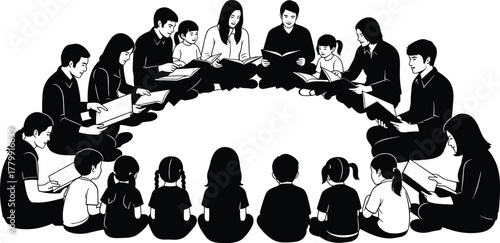 Children listening to adults reading in circle, group learning session, community education, storytelling activity, inclusive classroom, multicultural engagement, literacy development