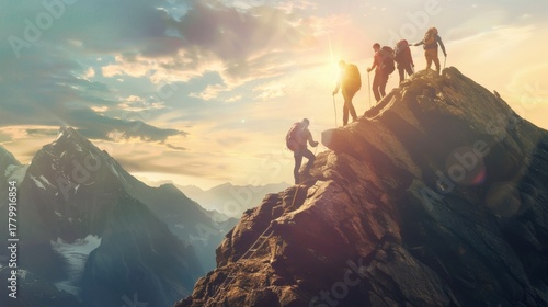 Team of hikers ascending a challenging mountain peak at sunset