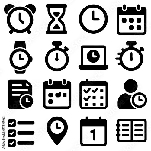 Time Management Icons: A collection of various time management icons that represent the importance of managing schedule, dates and events. 