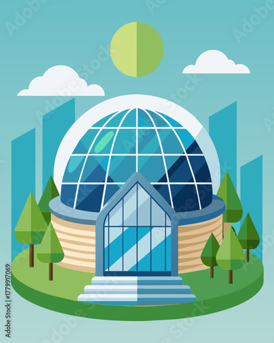 A cultural center featuring a large solar glass dome providing natural lighting for the interior while also generating renewable energy to power the centers events and activities.. Vector illustration