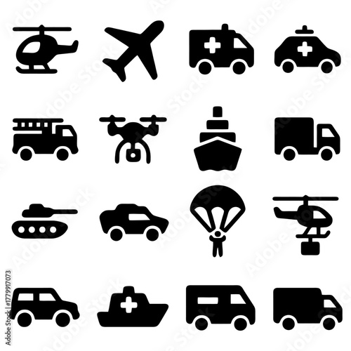 Transportation Icons: A collection of various transportation icons, including an airplane, ambulance, fire engine, drone, ship, truck, tank, car, helicopter, suv, and ambulance.