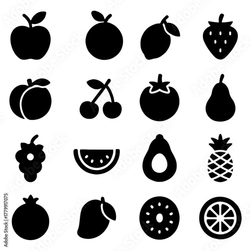 Fruit Silhouette Icons: A collection of meticulously crafted fruit icons in a minimalist silhouette style, perfect for illustrating healthy eating, freshness, and the bounty of nature.