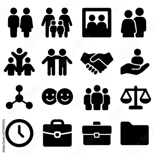 Social Interaction Icons: A collection of concise vector icons that represent different aspects of social interaction and human connections, perfect for use in applications, websites.