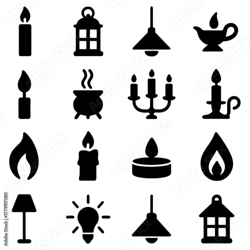Icons of Light: A curated collection of silhouette icons representing various light sources.