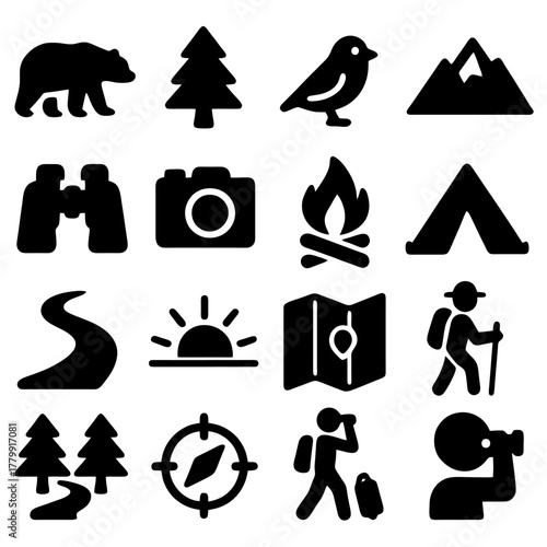 Iconic Adventure Symbols: A collection of meticulously designed silhouettes, featuring elements integral to outdoor excursions, conjuring the essence of exploration and discovery.