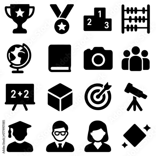 Education and Academic Icons: A collection of educational and academic icons including a trophy, medal, podium, abacus, globe, book, camera, group of people, chalkboard, cube, target, telescope.