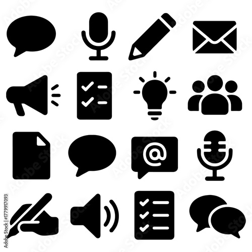 Communication and Information Icon Set: A comprehensive collection of modern, clean-lined icons represents the essential elements of communication and information exchange.