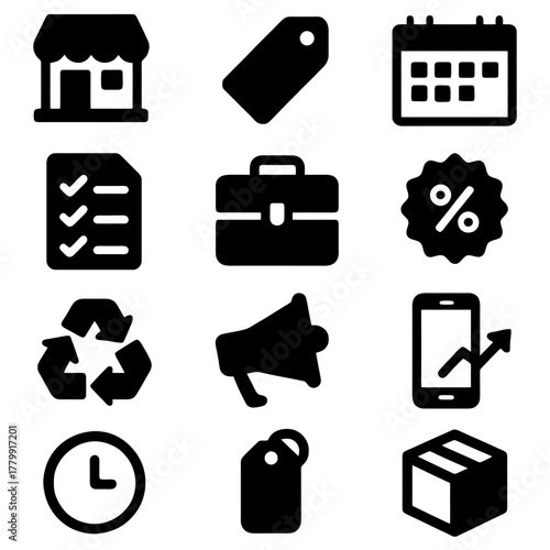 Set of business icons: Illustrating a collection of essential business icons including a shop, price tag, calendar, checklist, briefcase, discount, recycling symbol, megaphone, smart phone.