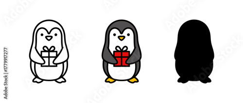 Penguin Holding a Wrapped Present in Line Art, Color and Silhouette
