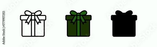 Three Gift Boxes with Ribbons Shown in Outline, Color, and Silhouette