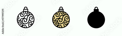 Three Ornamental Spheres with Swirl Designs in Color and Black Silhouette