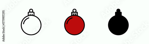 Assortment of Christmas Bauble Line Icons in Black, Red and Outline