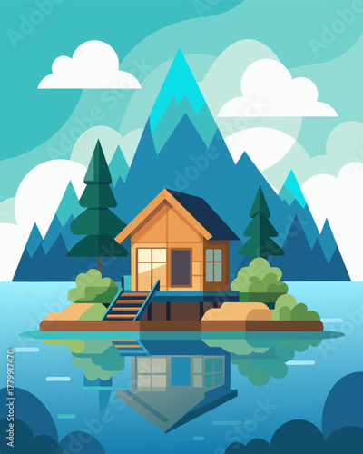 A cozy floating bungalow in the middle of a calm and secluded lake where one can connect with nature while finishing their work.. Vector illustration