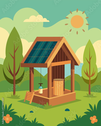 A cozy wooden booth in the middle of a meadow powered by a solar panel attached to the roof and supported by nearby trees.. Vector illustration