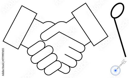 Two hands shaking representing agreement and trust, with a target and arrow symbolizing goals and achievement. Ideal for teamwork, collaboration, business, success, negotiation, partnerships, simple