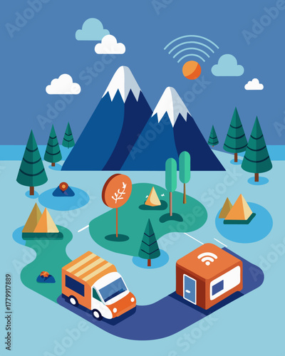 A campground in a remote area offers solarpowered WiFi hotspots for campers to stay connected while disconnecting from the busy world.. Vector illustration
