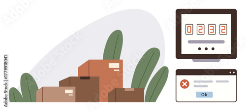 Stack of cardboard boxes near plants, digital counter showing quantity, and error notification pop-up. Ideal for logistics, inventory management, online systems, error handling, e-commerce, supply