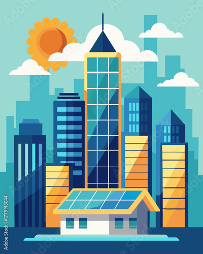 A cityscape with skyscrapers one standing out with its rooftop covered in massive solar panels housing a tingedge data center inside.. Vector illustration