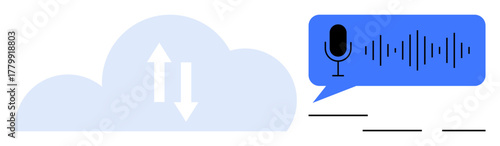 Cloud with bidirectional arrows, speech bubble with microphone and waveforms, audio-to-text transformation. Ideal for technology, communication, AI, cloud services, speech analysis, data exchange