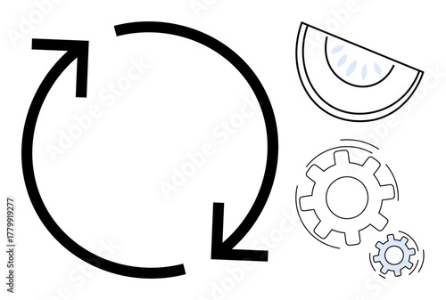 Circular arrows link gears and a melon slice showing synergy, renewal, and improvement cycle. Ideal for process flow, efficiency, sustainability, system updates, teamwork innovation nature. Simple