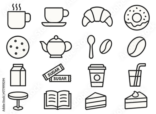 Coffee and bakery line icons: mugs, cups, croissant, donut, teapot, milk, sugar, cake