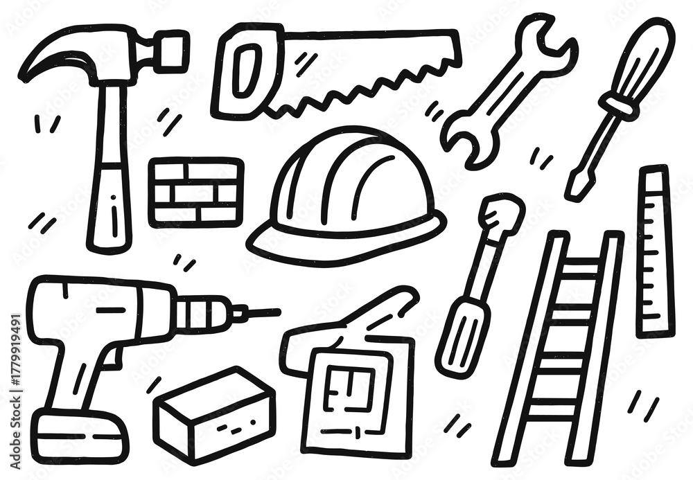 Fototapeta premium Hand-drawn construction tools including hammer, saw, drill, helmet, ladder, wrench, and ruler