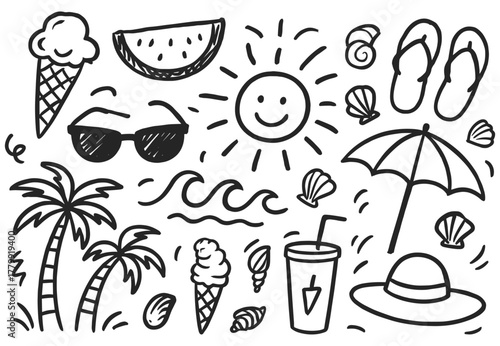 Hand-drawn summer icons with ice cream, sunglasses, palm trees, and beach elements
