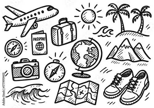 Hand-drawn travel doodles featuring airplane, suitcase, globe, camera, and map
