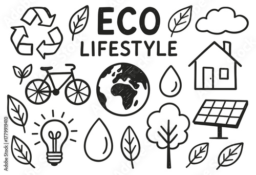 Hand-drawn eco lifestyle symbols with earth, bicycle, solar panel, and recycle icons
