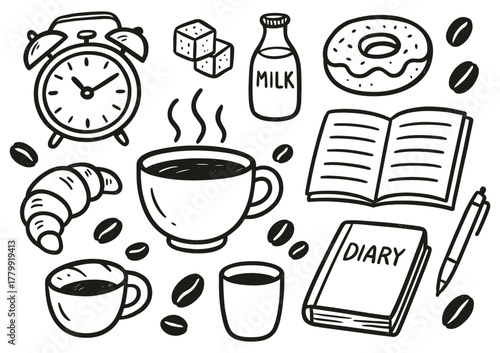 Hand-drawn breakfast icons: coffee, diary, milk, donut, alarm clock, croissant
