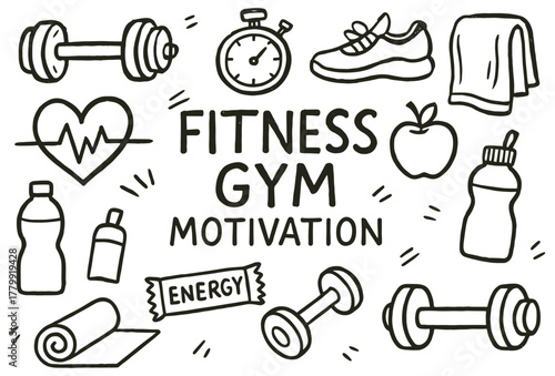 Fitness gym motivation icons: dumbbells stopwatch sneakers yoga mat water bottle towel