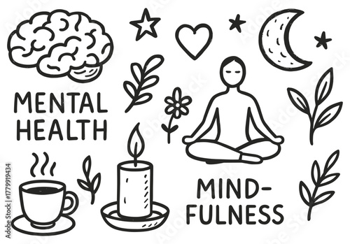 Mental health and mindfulness: illustrated icons of meditation and relaxation