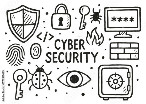 Cybersecurity icons: shield, lock, key, firewall, bug, safe, password, eye
