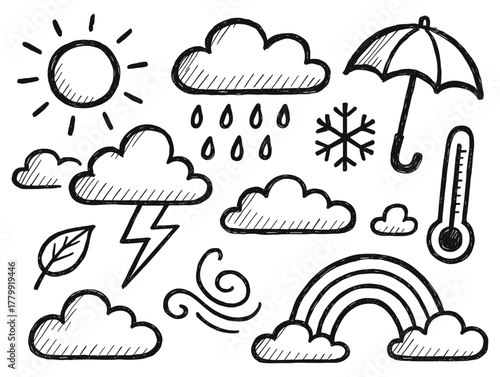 Weather doodles: sun, clouds, rain, umbrella, rainbow, snow, and wind sketches