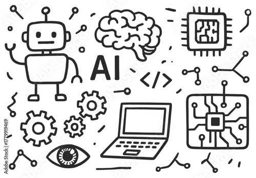 Artificial intelligence concepts: robot, brain, laptop, gears, circuits