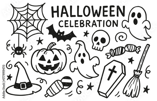 Halloween celebration doodles: ghosts, pumpkin, spider, and coffin