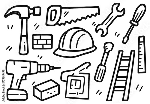 Hand-drawn construction tools including hammer, saw, drill, helmet, ladder, wrench, and ruler