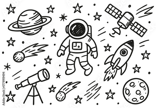 Astronaut in space with rocket, telescope, and planets