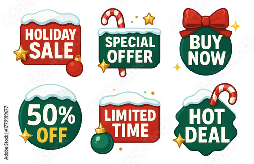 Holiday sale badges with special offers and festive designs