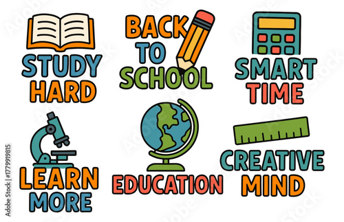 Education icons: study hard, back to school, smart time, learn more, creative mind