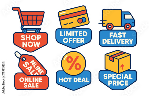 Online shopping icons: shop now, limited offer, fast delivery, special price, hot deal