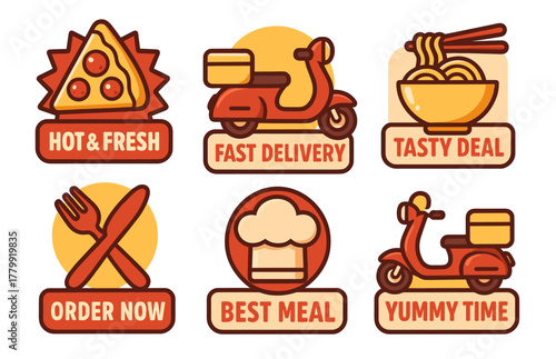 Delightful food delivery icons featuring pizza, scooters, and noodles in vibrant colors