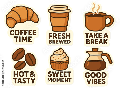 Coffee lovers stickers: fresh brewed, take a break, good vibes