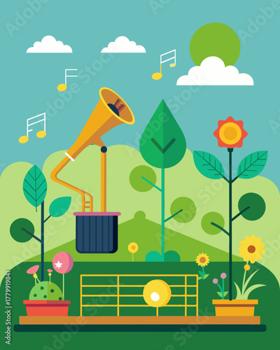 A community garden features solarpowered wind instruments allowing visitors to create their own music as they appreciate nature.. Vector illustration