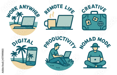 Digital nomad lifestyle icons: work anywhere, remote life, creative productivity