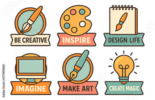 Creative inspiration badges with art tools and motivational phrases