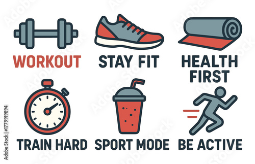 Workout motivational icons: dumbbell, sneakers, yoga mat, stopwatch, smoothie, running